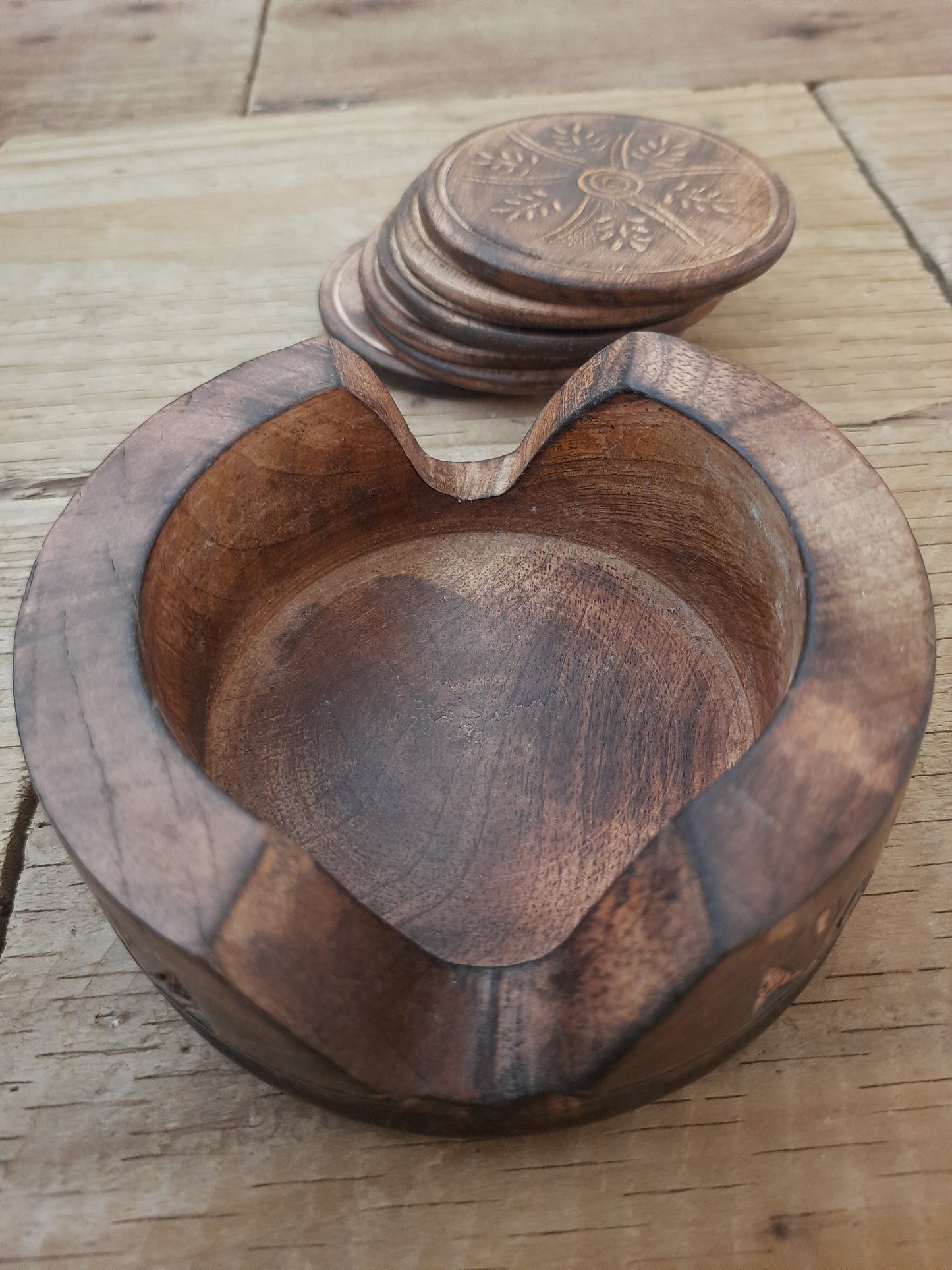 Set of 6 Rustic Mango Wood Coasters with Wooden Holder – Floral Engraved