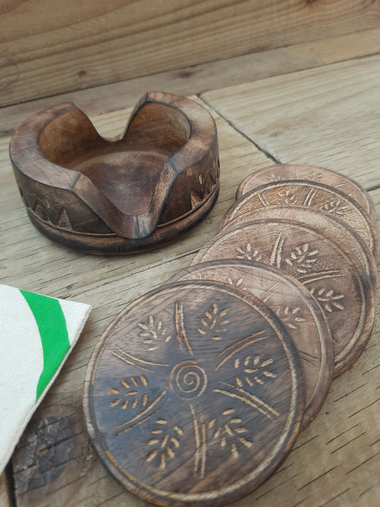 Set of 6 Rustic Mango Wood Coasters with Wooden Holder – Floral Engraved