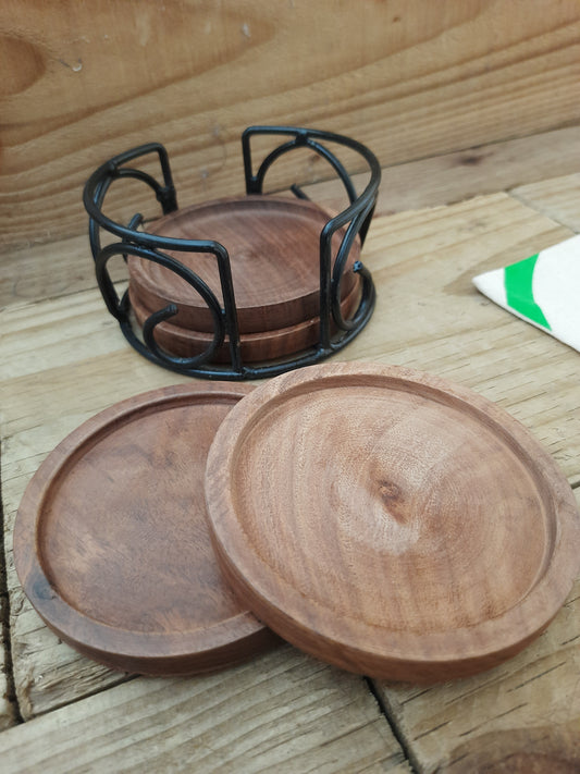 Mango Wood Coaster Set of 4 with Sleek Metal Holder
