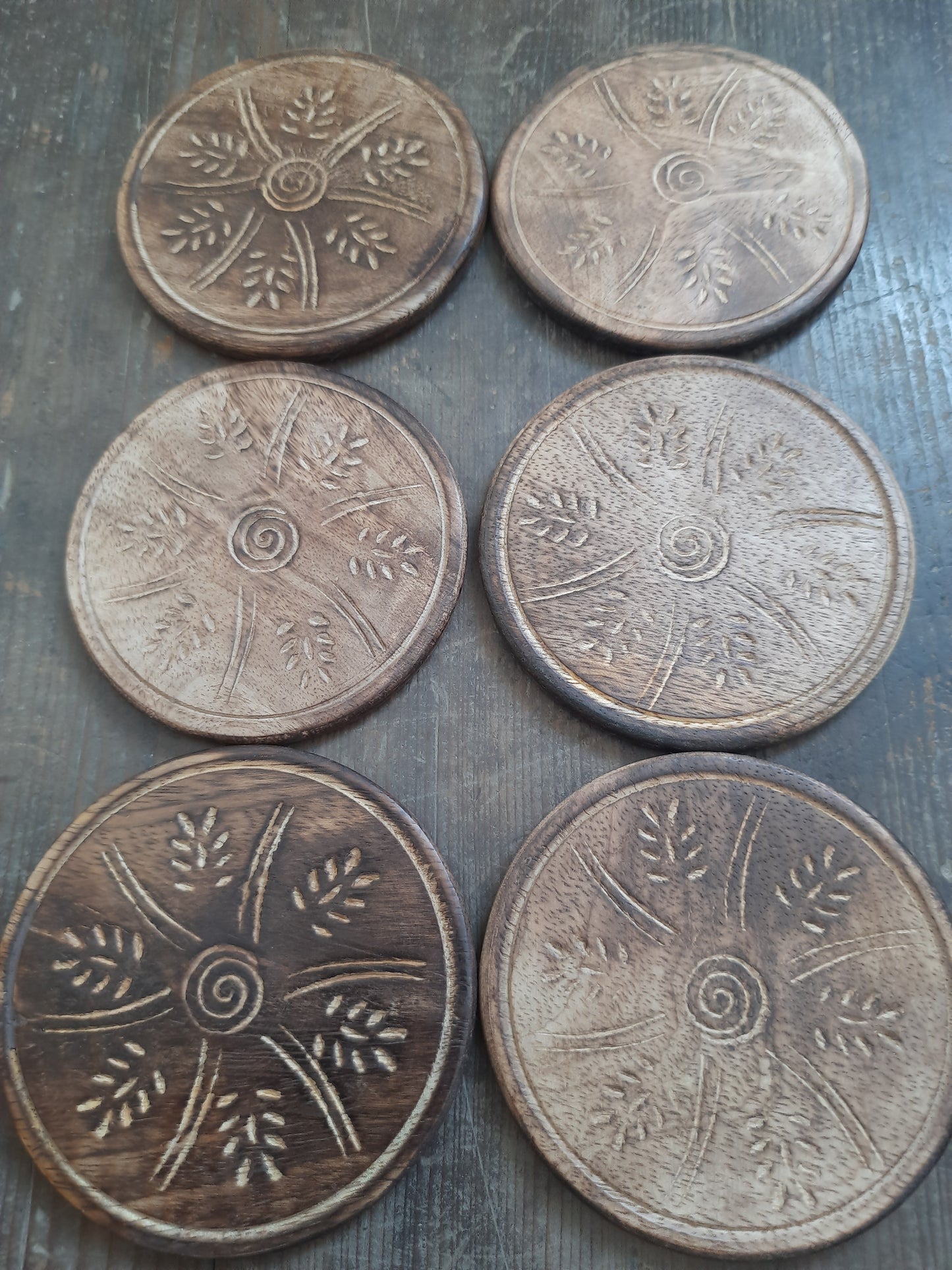 Set of 6 Rustic Mango Wood Coasters with Wooden Holder –  Floral Engraved