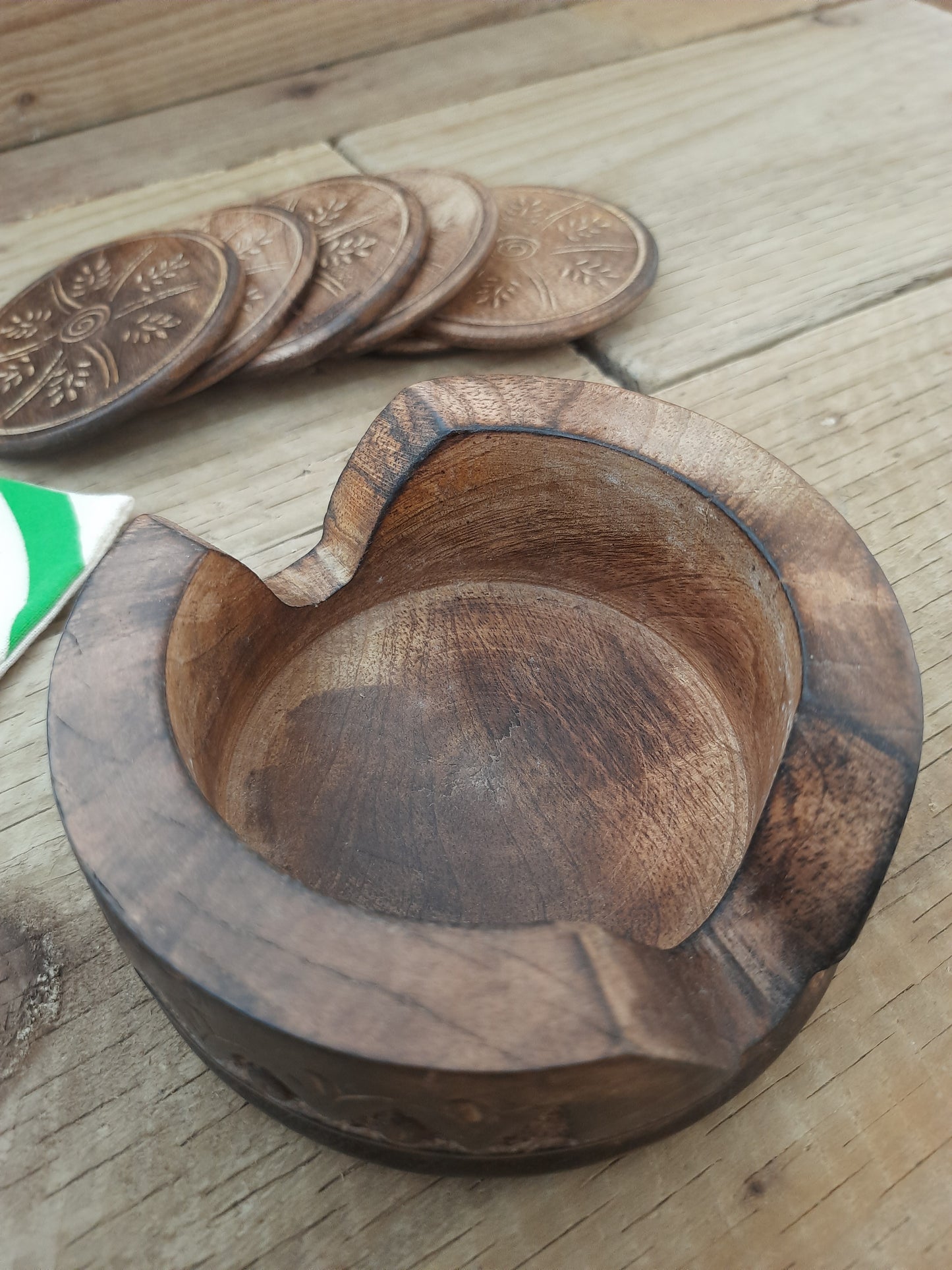 Set of 6 Rustic Mango Wood Coasters with Wooden Holder –  Floral Engraved