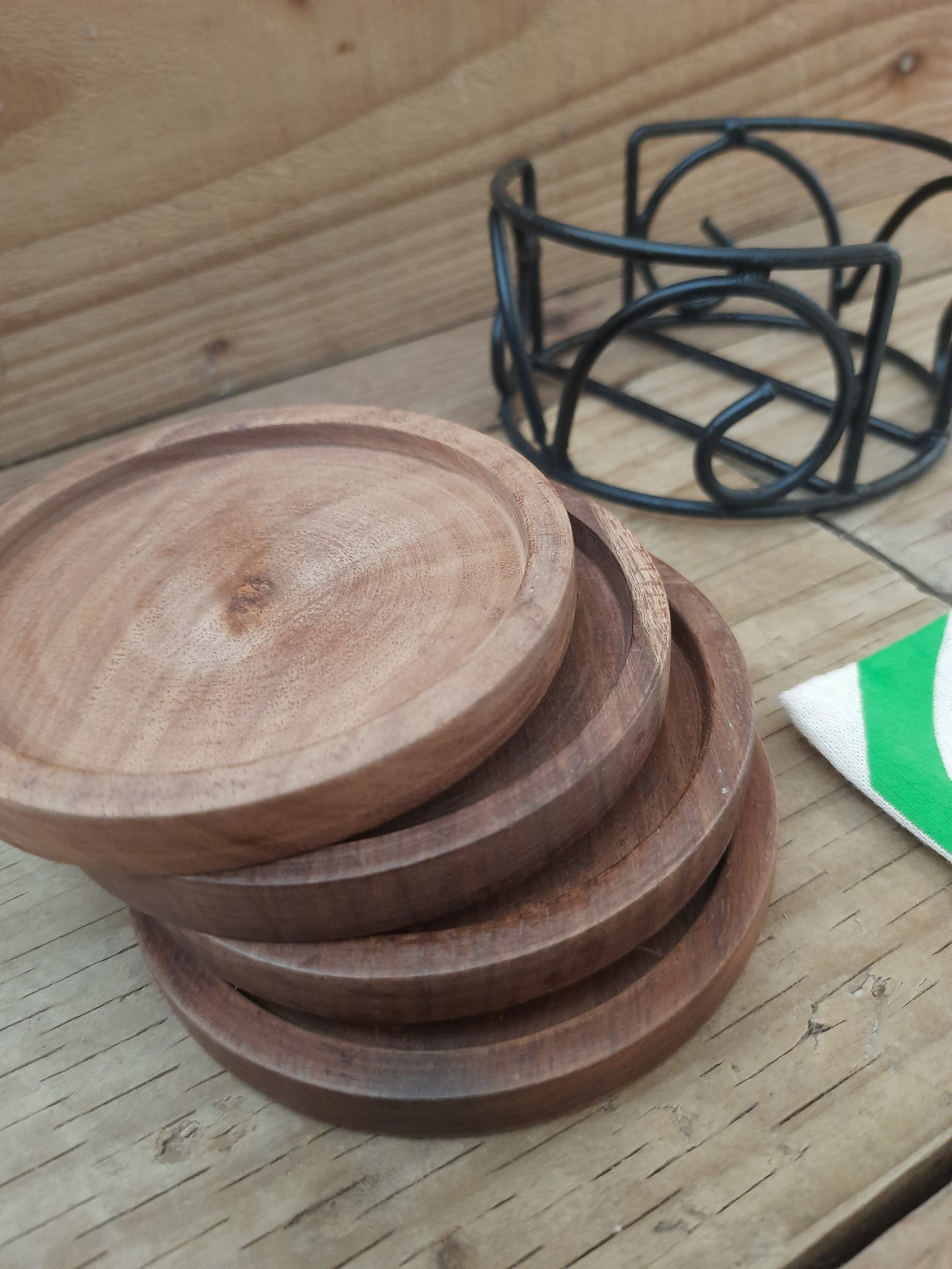 Mango Wood Coaster Set of 4 with Sleek Metal Holder