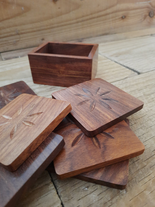 Sheesham Wood Coaster Set – 6-Piece Drink Coasters with Storage Stand