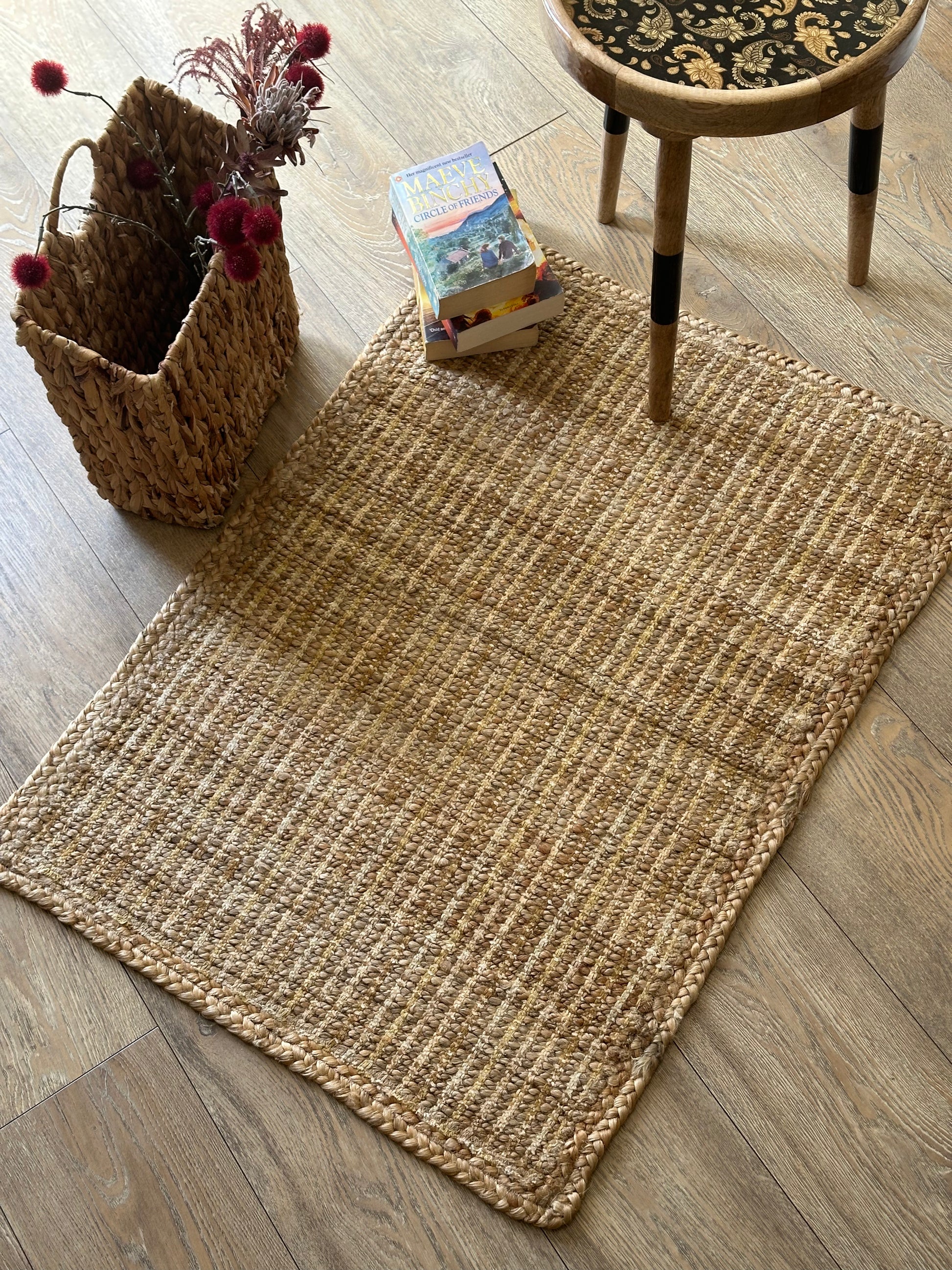 Striped jute rug in beige yellow and brown