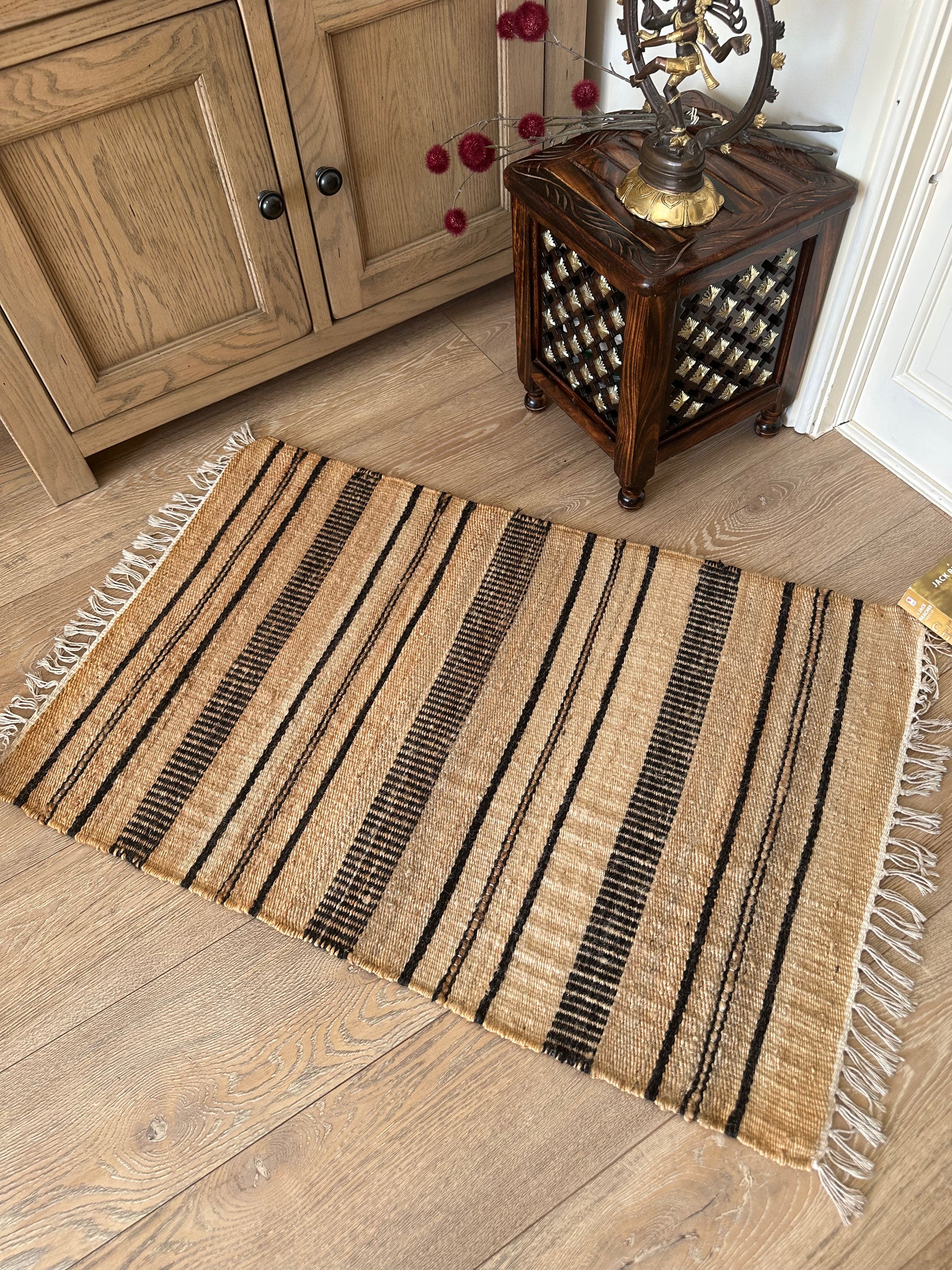 Black and beige cotton rug made in India