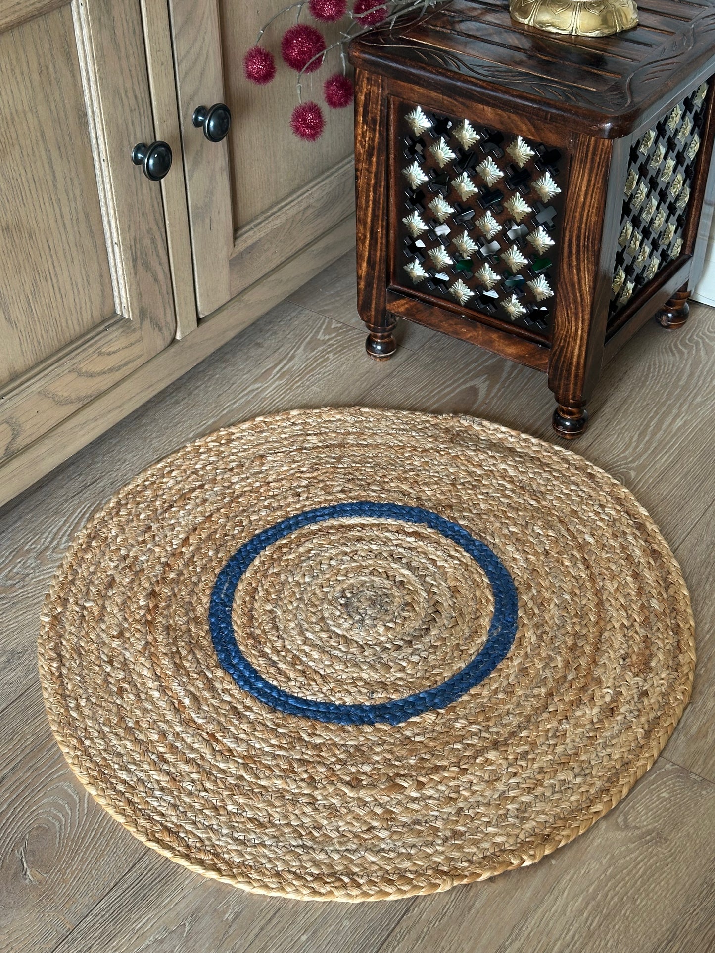 Blue and beige jute rug handmade in India