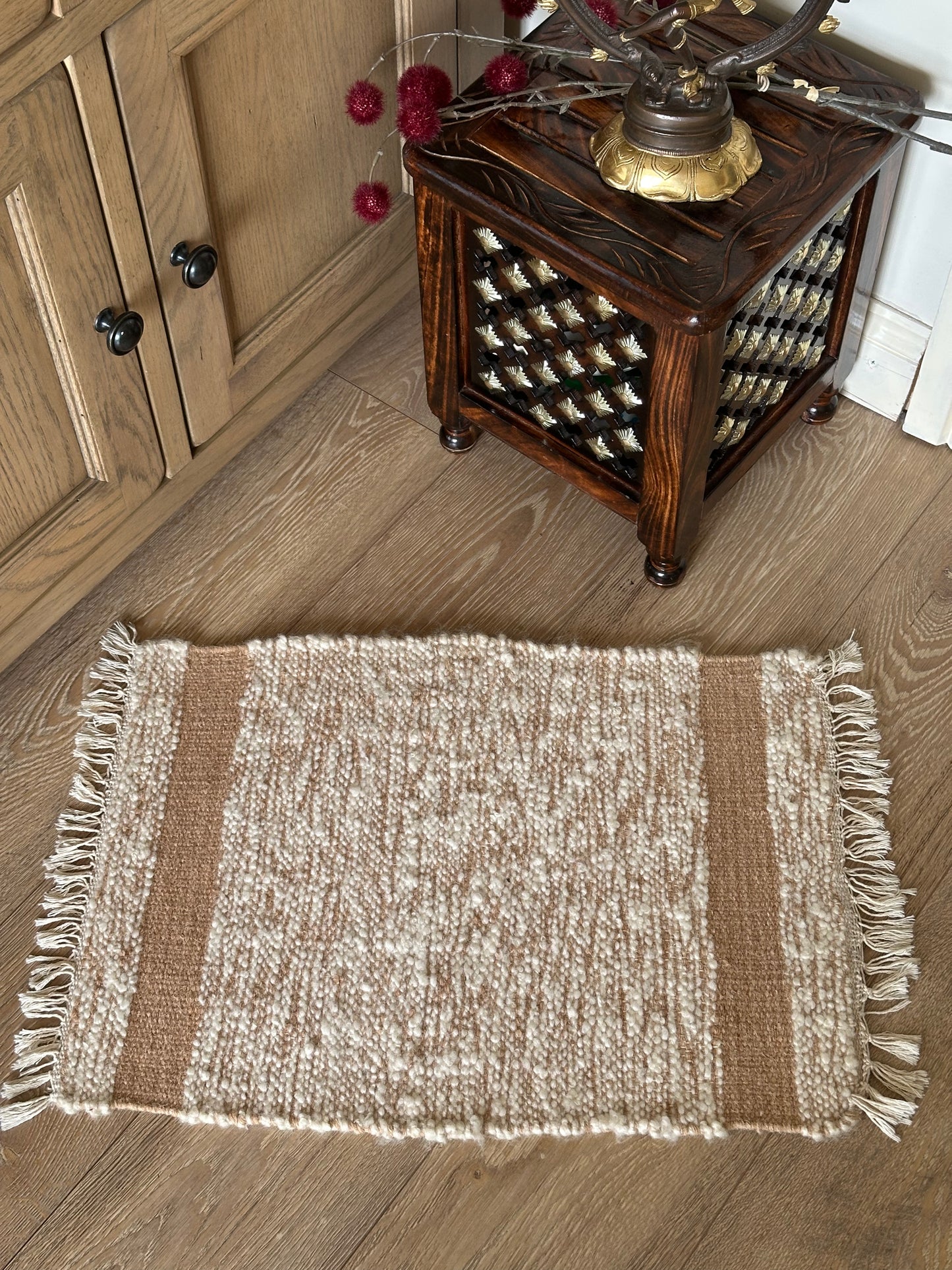 White & Brown Cotton Wool Rug