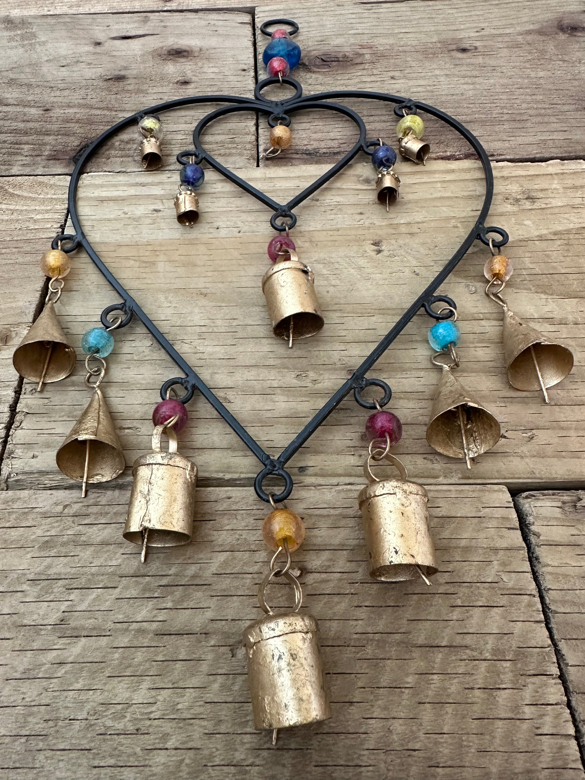 Recycled iron double heart wind chime for garden decoration