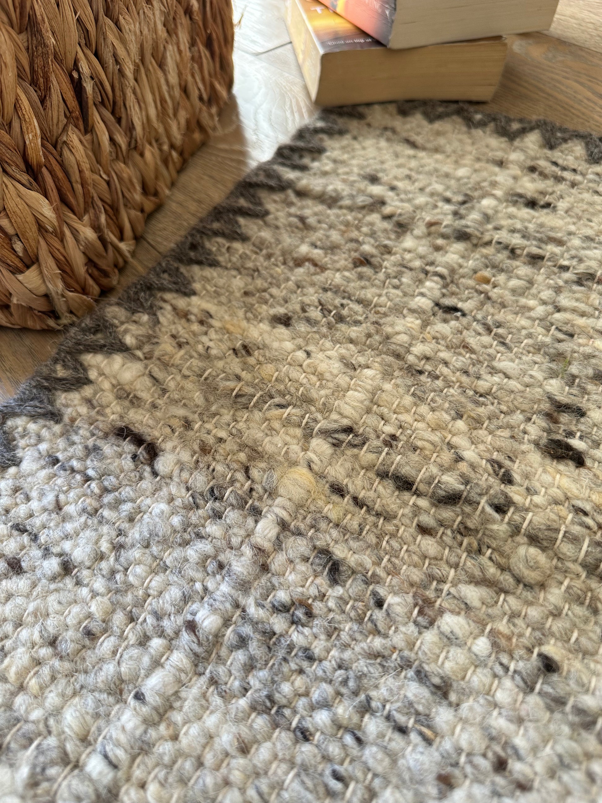 Close-up of grey and white woven rug texture