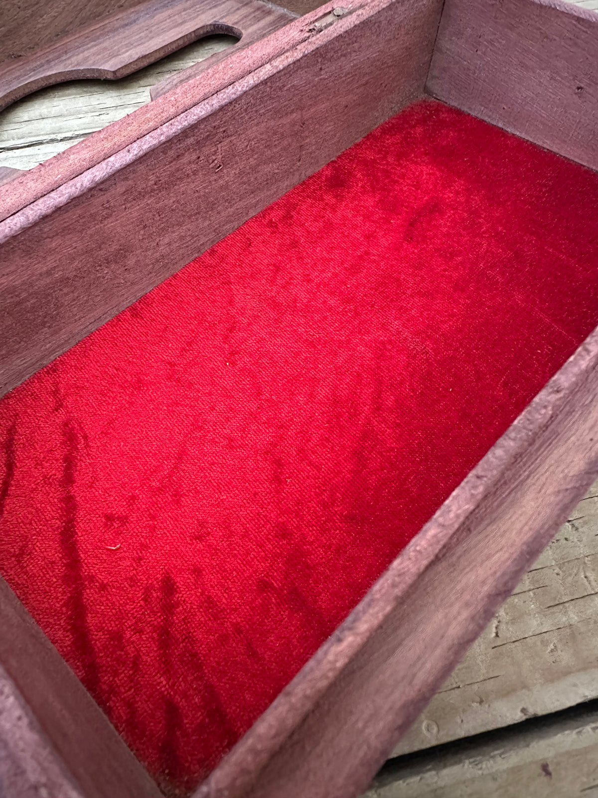Wooden tissue box with red velvet interior