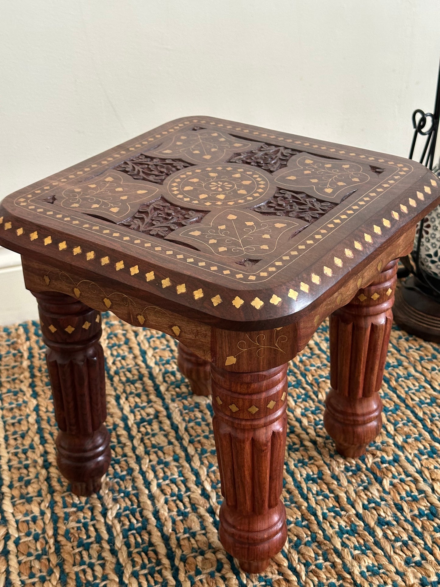 Brass inlay detail on Sheesham wood coffee table