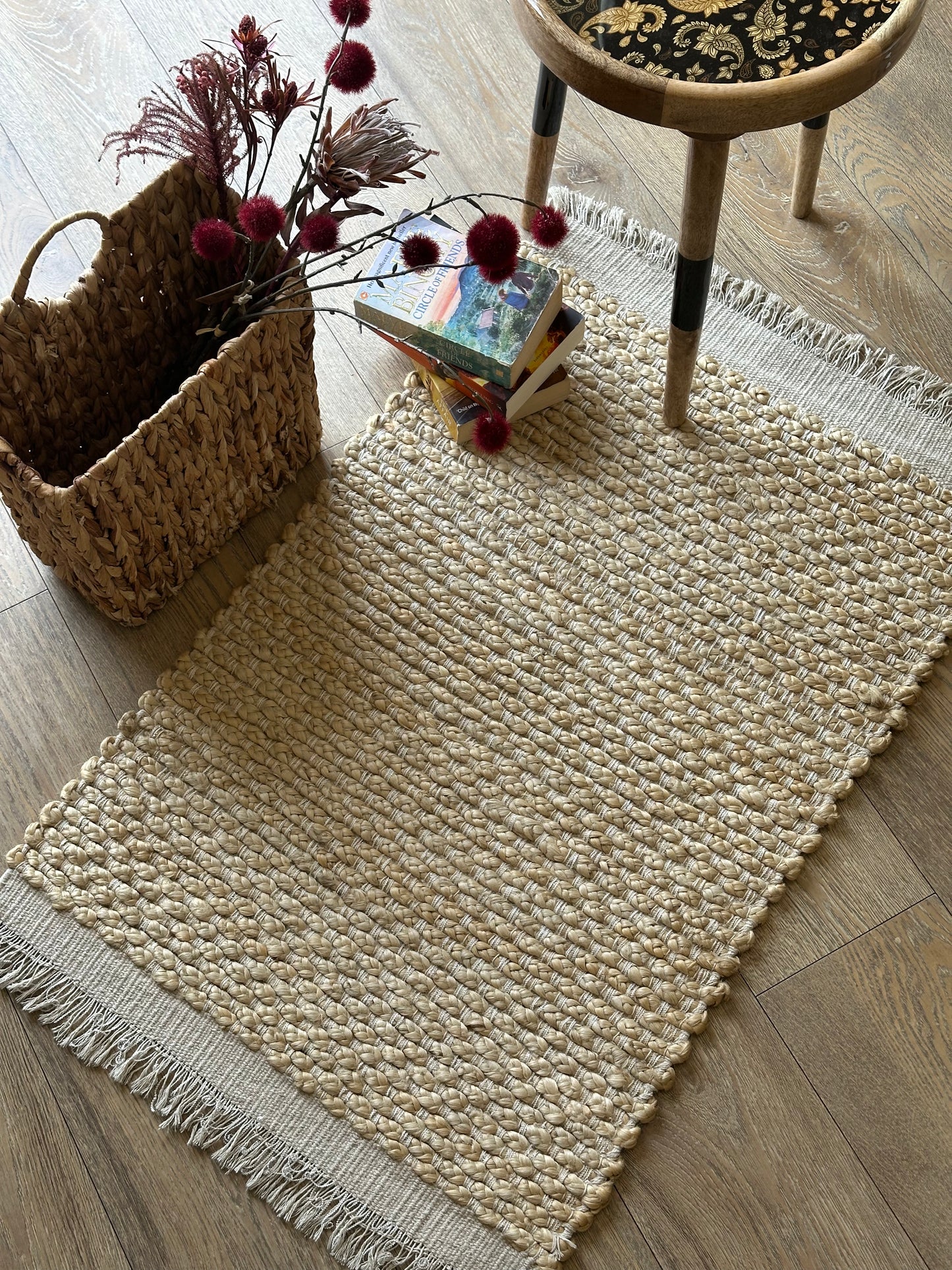 Hand-pleated natural jute rug