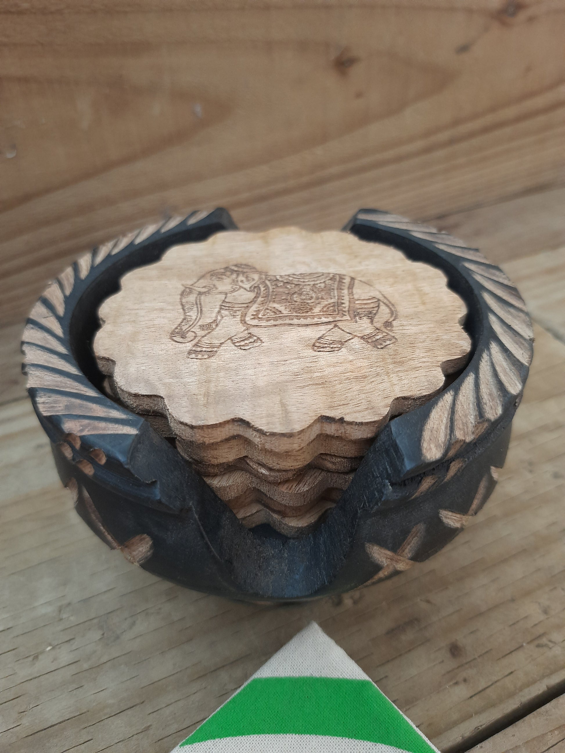 Mango wood coasters set of six with hand-carved elephant design