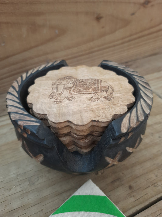Mango wood coasters set of six with hand-carved elephant design