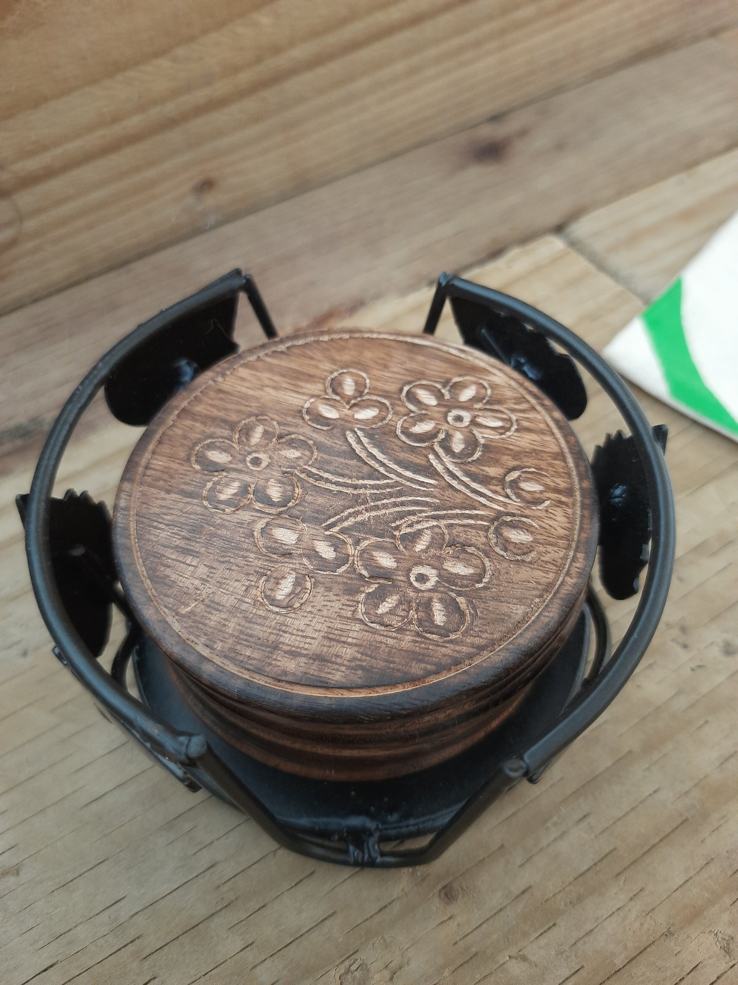 Mango wood drink coasters with floral flower design