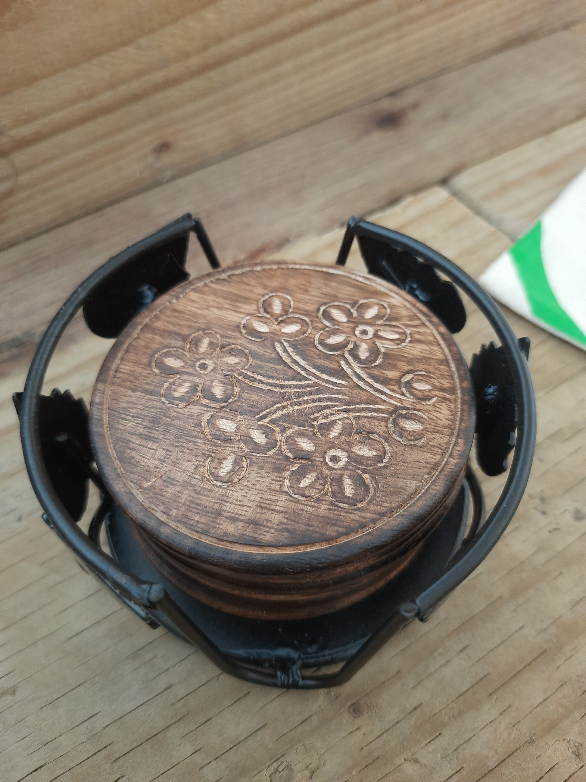 Mango wood drink coasters with floral flower design