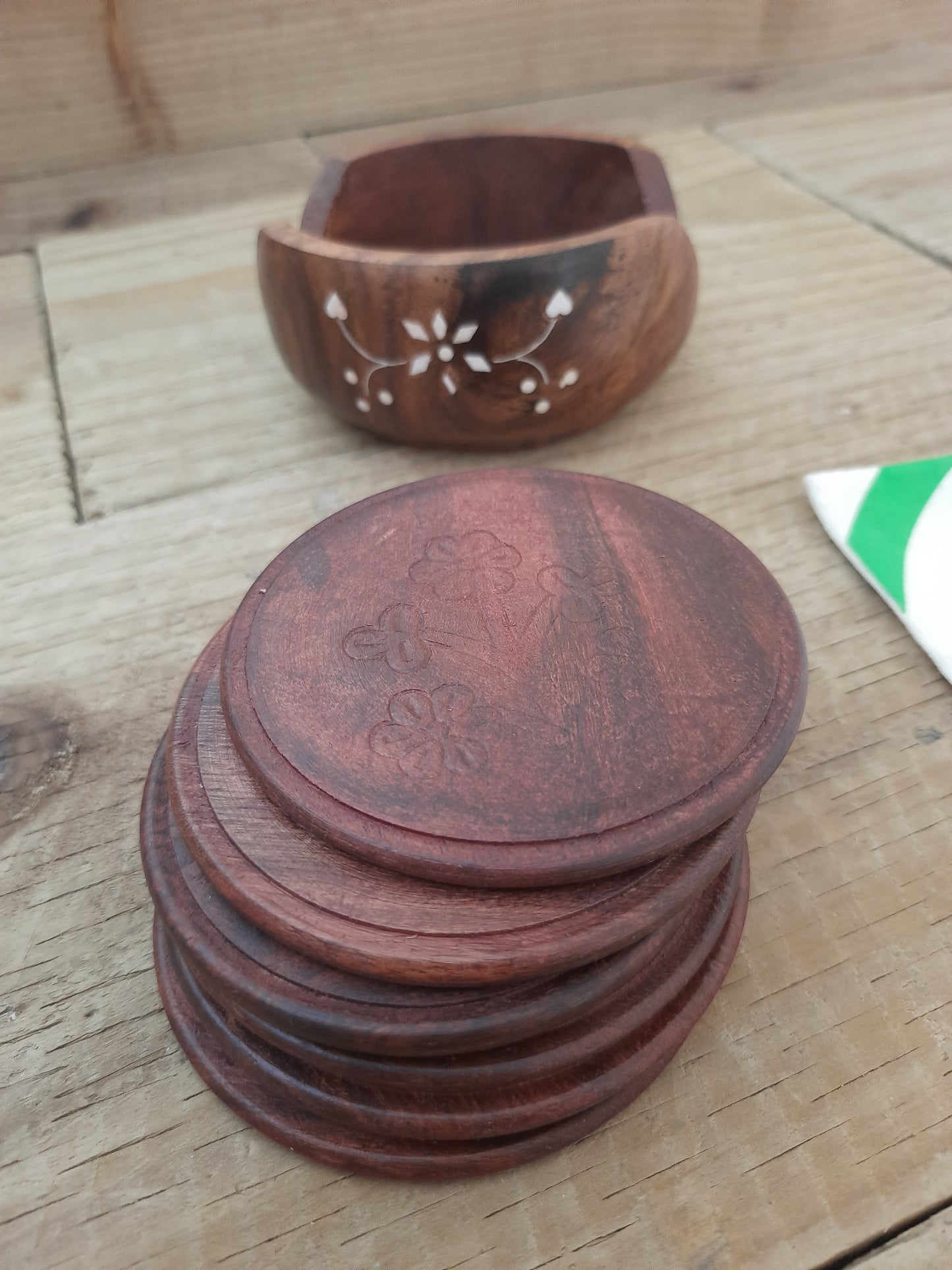 Matching wooden holder for a set of six rosewood coasters