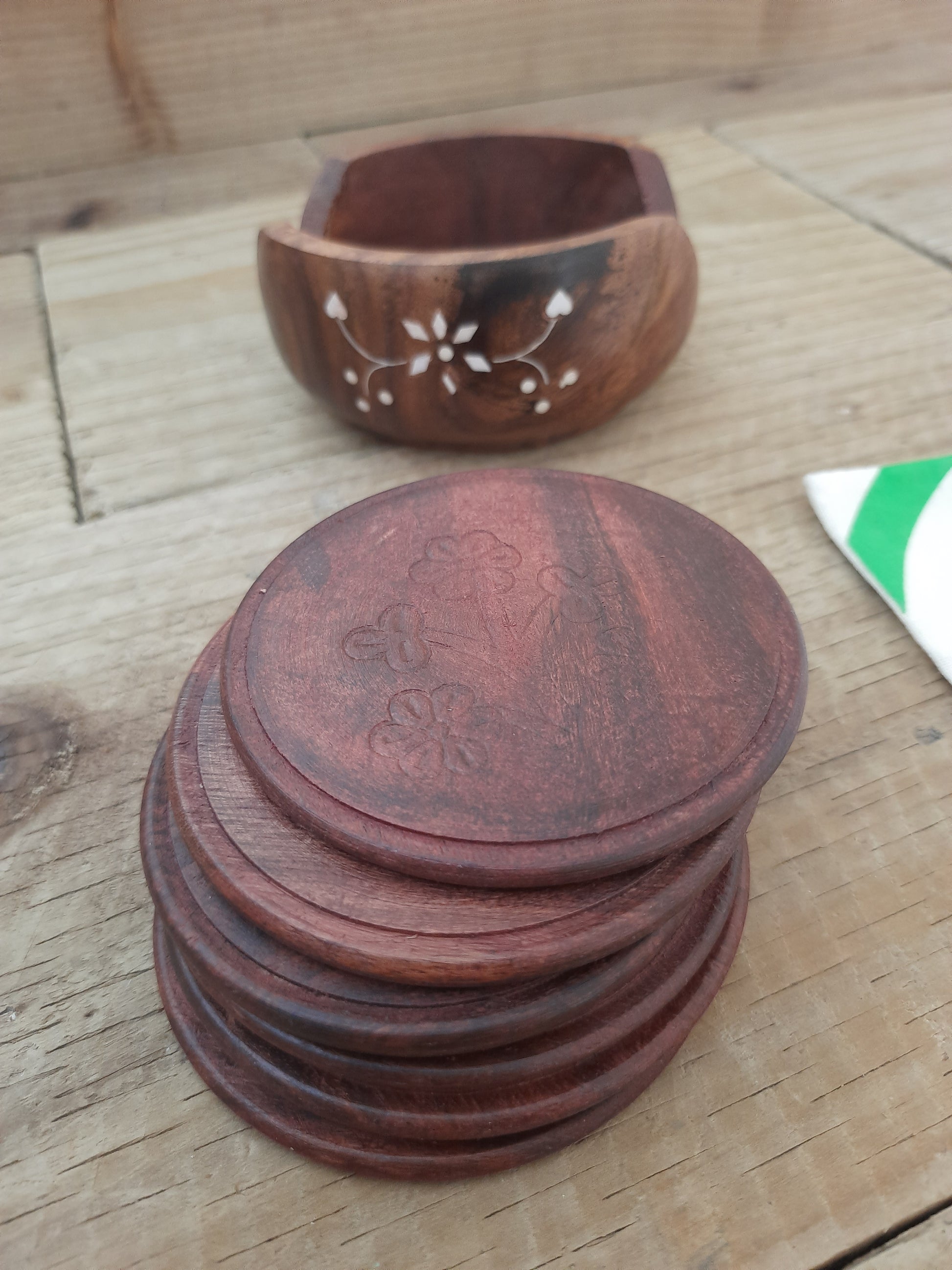 Matching wooden holder for a set of six rosewood coasters
