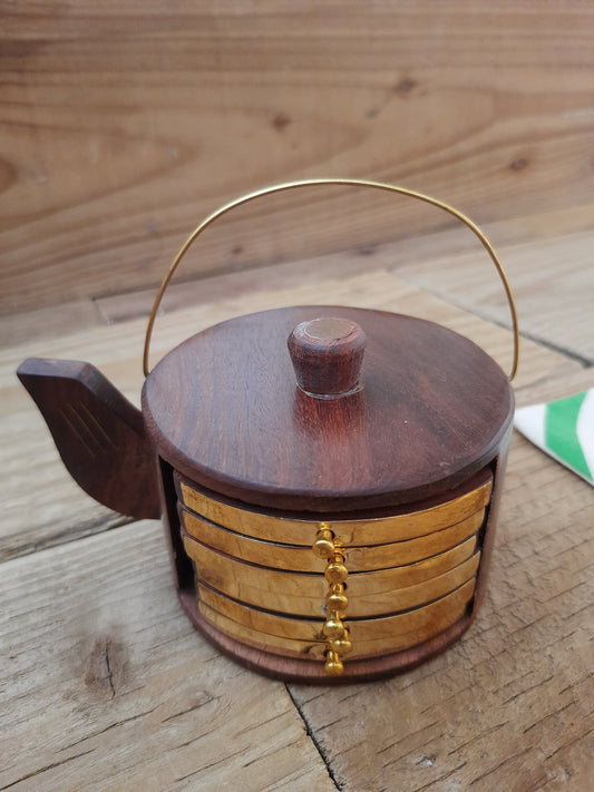Rosewood coaster set with wooden kettle-shaped holder