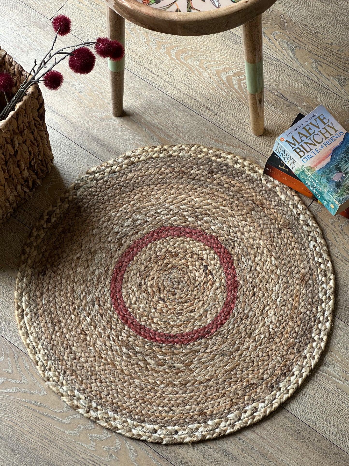 Handwoven jute rug showing its natural woven texture