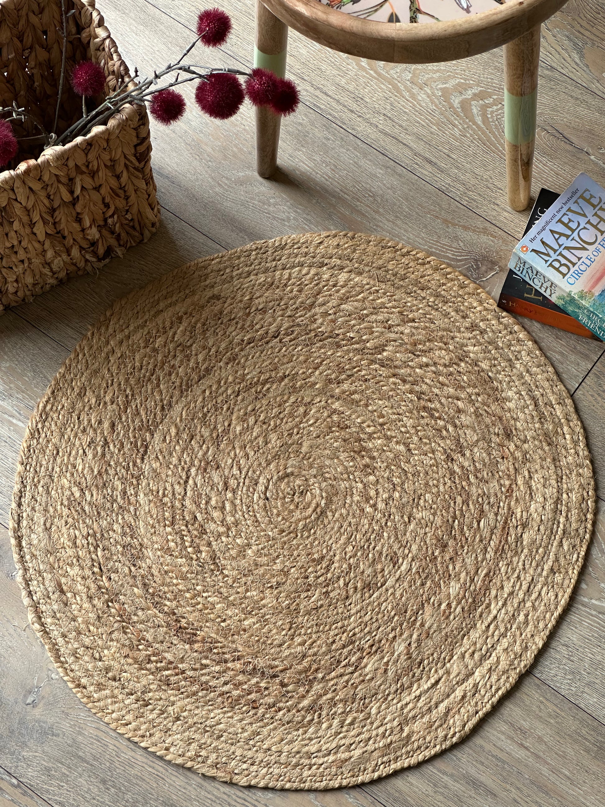 Natural beige jute rug showing woven texture
