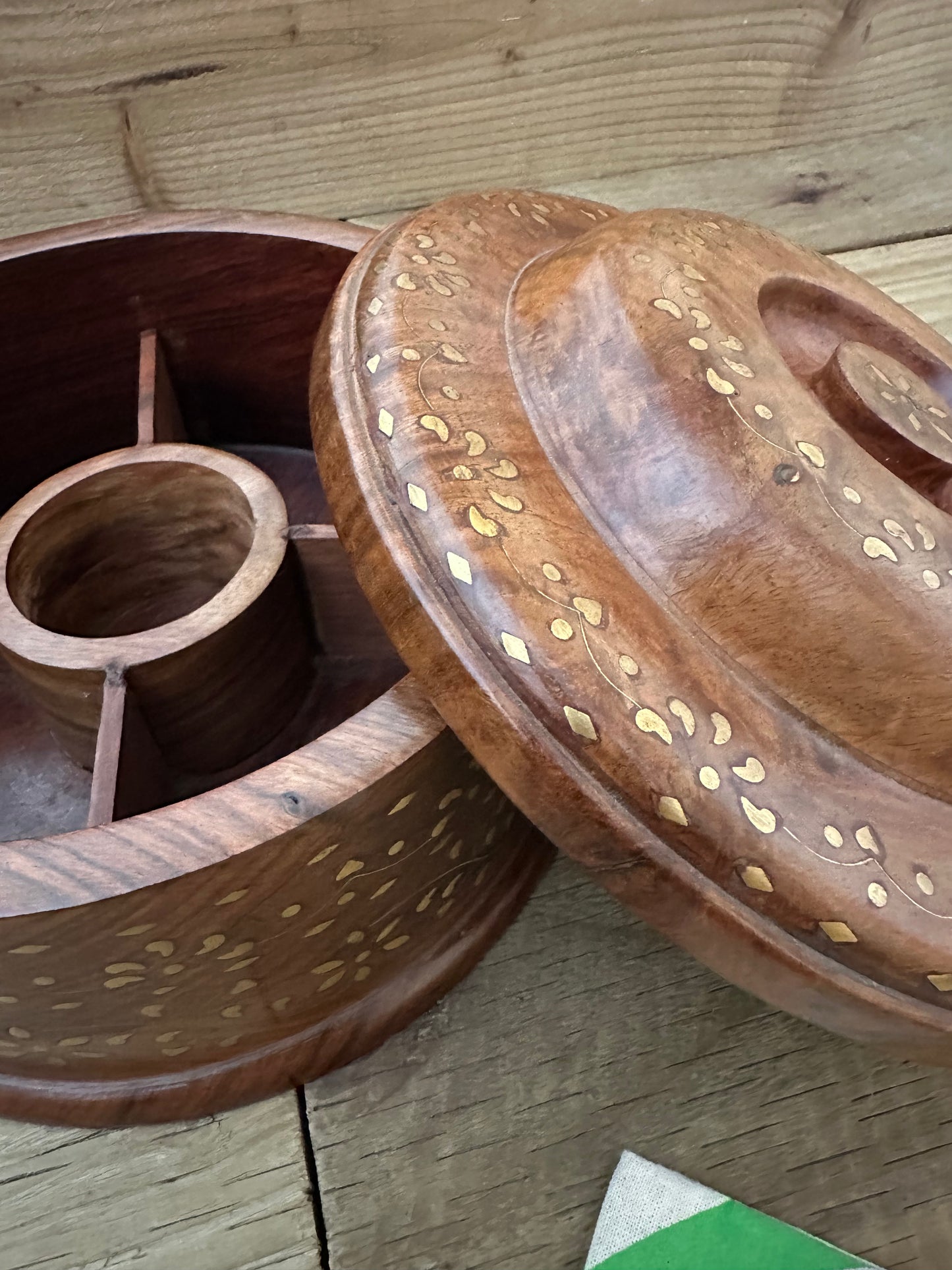 Wooden spice box with brass detailing