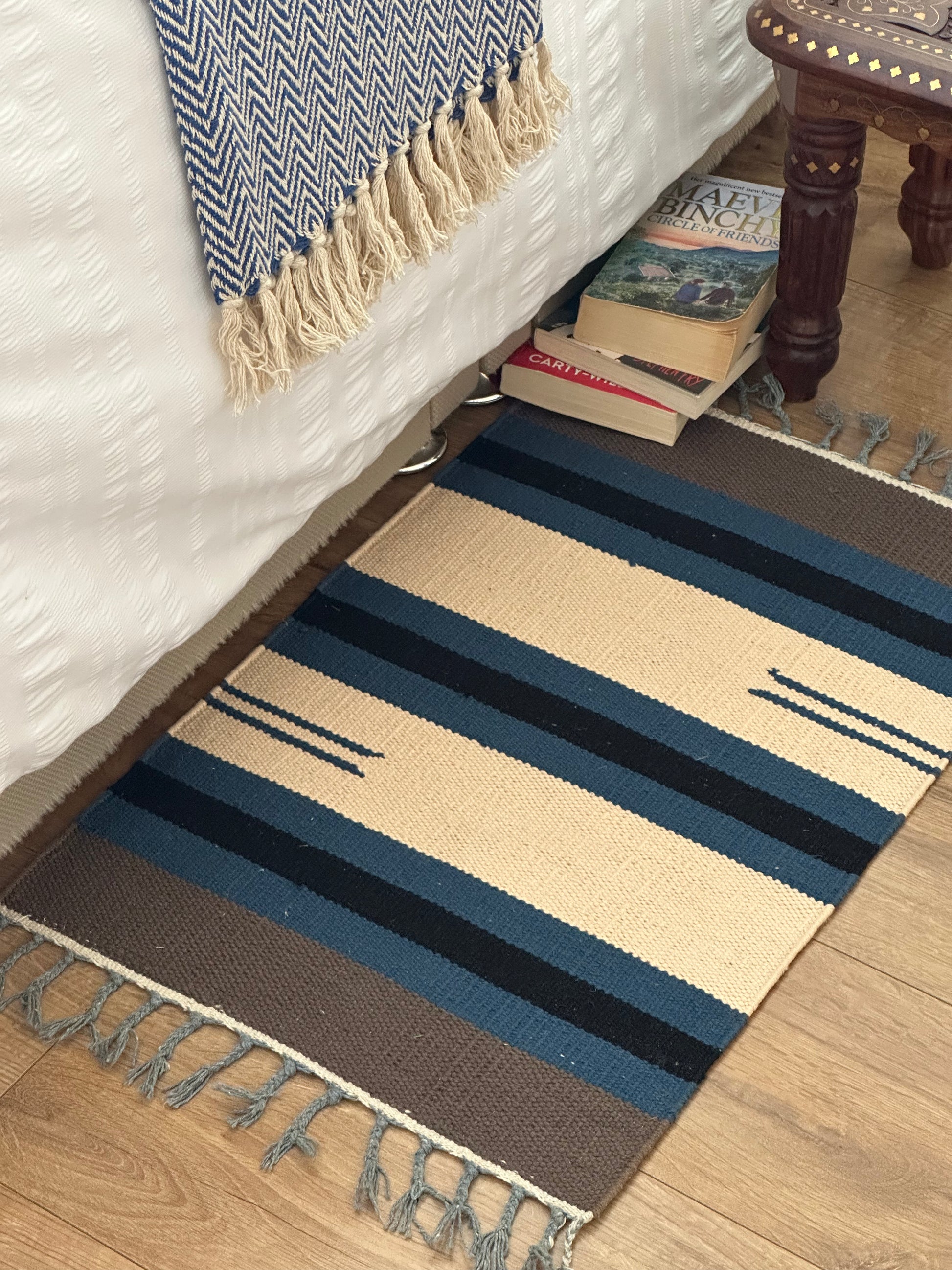 Blue grey and white striped cotton mat