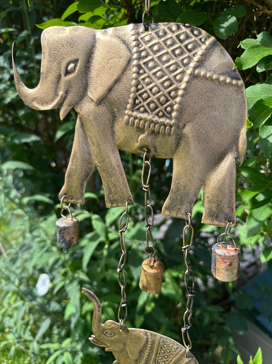 Handmade elephant wind chime with two elephant figures