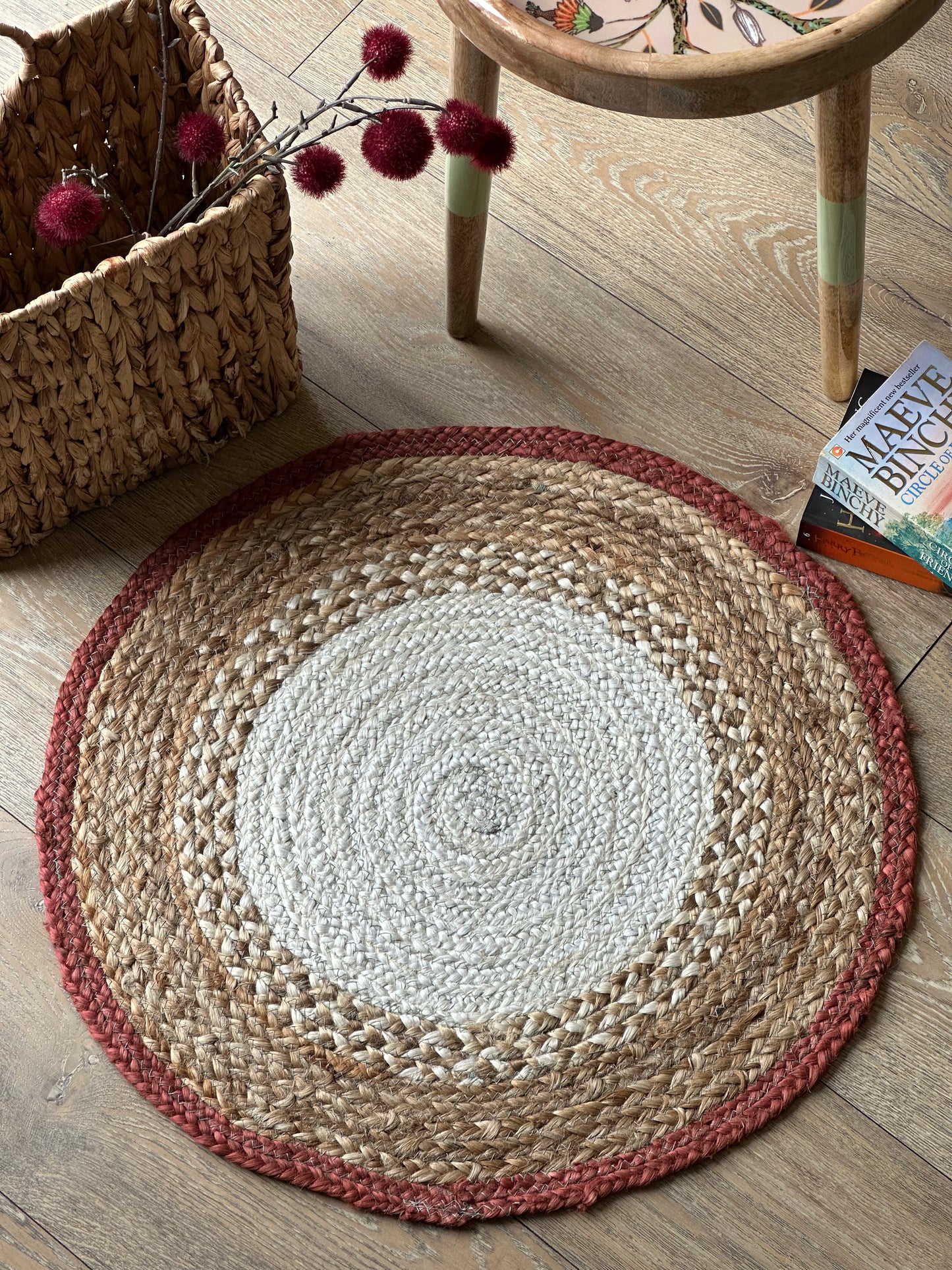 White and red jute rug handmade in India